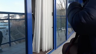 Balcony hotel smoking fetish with naked boobs