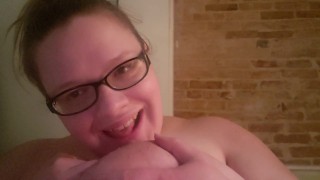 Flirty BBW sucks her own huge tits
