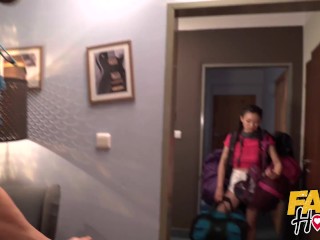 Fake Hostel young asian au pair Rae Lil Black fucked by mom and husband