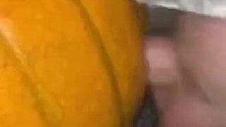 Chubby bear breeding a pumpkin with his throbbing uncut cock