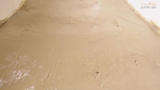 BBW Penny touching herself in a bath full of muddy clay