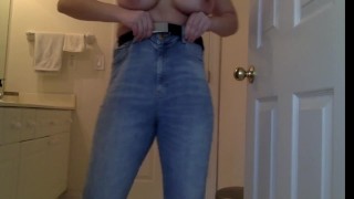 Wetting my jeans for the first time and playing with my tits