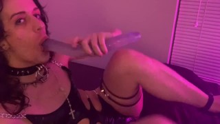 Goth Fem FTM Deepthroat Practice Jelly Cock Amateur Camming