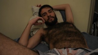 Hairy latino gets handjob from photographer
