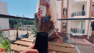 Sexy Blonde Play Pussy Sex Toy in the Public Cafe 