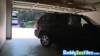 Inked daddy uses toys to stroke his throbbing dick in a car