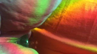 Fivedollarhug Cougar uses glass glow toy with rainbows on her fat pussy, anal and oral