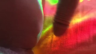 Fivedollarhug Cougar uses glass glow toy with rainbows on her fat pussy, anal and oral