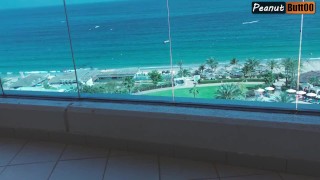 exhib MILF masturbating on public hotel balcony with buttplug in her ass