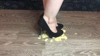 banana trample with black high heels food fetish