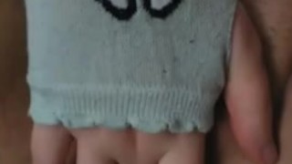 Teen girl plays with pussy With cute cat gloves