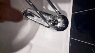 Beating my small hard cock at work thinking about mate. Cum over the wall!