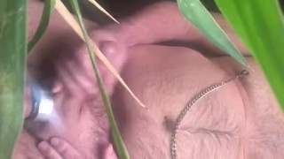 Big ball daddy jerks off with Cock ring and nipple clamps