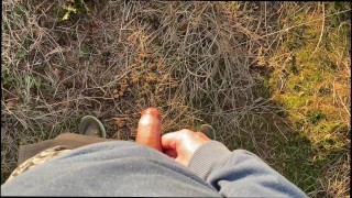 Horny guy takes a piss and handsfree cumshot