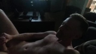 Couch wank and cum