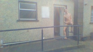 Skinny teen risks going outside his house to masturbate in nature