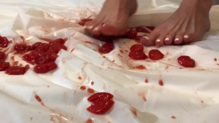 Feet fetish crushing food squishing tomatoes white toenails high arch