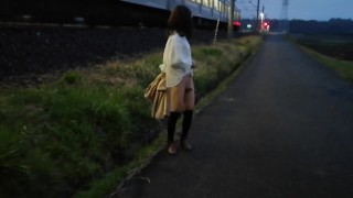 Japanese crossdresser public flashing at railway