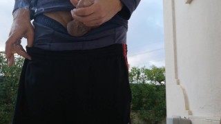 Early morning jerkoff outside in the garden