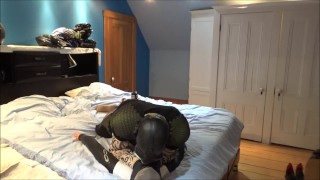 tattooed guy in sports gear cums on dummy's chest