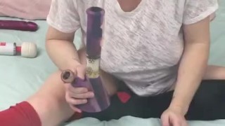 Big tit mom smoking weed,finger fucks herself for a delicious grool treat!