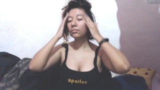 E-girl massages her head and shakes her breasts, they jump out ..
