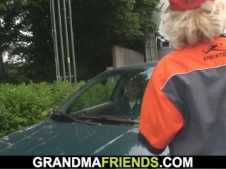 shaved busty blonde granny double fucked for money