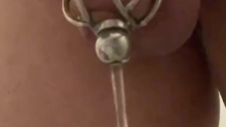 Caged sissy slave pee through urethral plug 