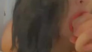 Bbw Whore deep throats dildo in shower 