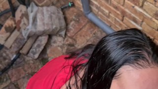Teen sucking cock and drinking piss in alley