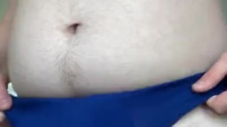 Chubby uncut bear tries on new underwear and shooting a load 