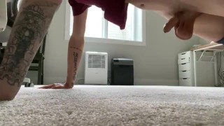 Squishing cock and balls while doing press ups 