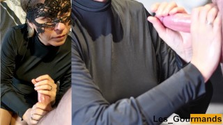4K - MILF sucks in black dress and gets cum on face