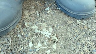 Farm boy crushes crunchy empty shells with his boots - crush spit piss cum