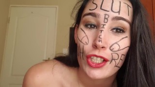 Self degrading slut gags herself and self face slapping with dirty talk