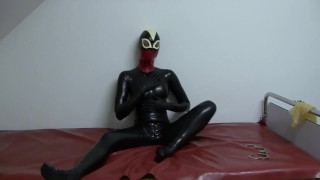 Rubber Handcuffed Slave Girl Bondage + Breathplay With Latex Condom Mask