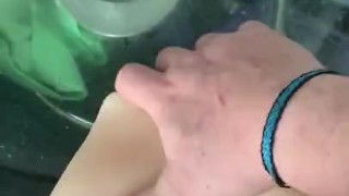 Chubby stud fucks new toy in bathroom POV