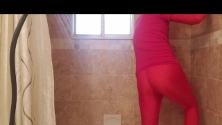 Spandex boy getting showering and jacking off in red catsuit