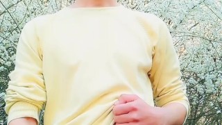 Spring jerking backyard - Fat dick , 2 cumshots and own cum licking