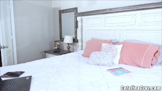 Cute mom wearing pigtails stretches her sweet box live on cam