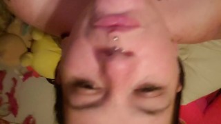 Chubby tatted slut teases cunt with pink whip