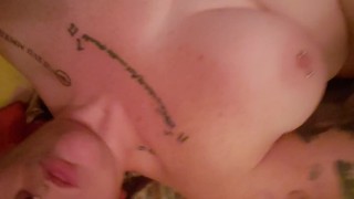 Chubby tatted slut teases cunt with pink whip