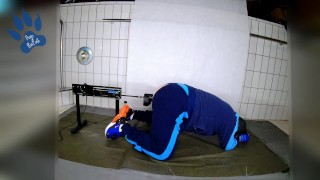 Pup machine fucked by 6,8cm toy in his german army tracksuit