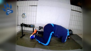 Pup machine fucked by 6,8cm toy in his german army tracksuit