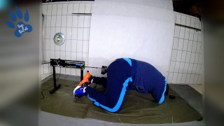 Pup machine fucked by 6,8cm toy in his german army tracksuit