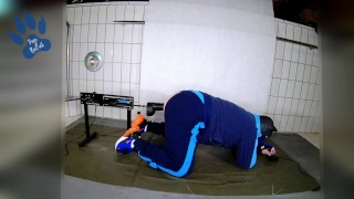 Pup machine fucked by 6,8cm toy in his german army tracksuit