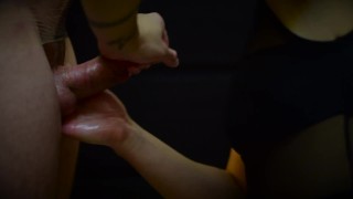 Handjob while saran wrapped with cock slaps and cumshot ending