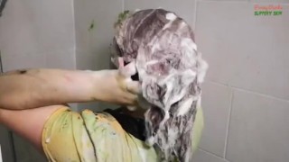 Wetlook shower in my ruined dress and hairwash