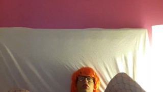 Tranny in bed cum in pants and lick it off!