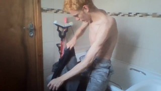 sexy skinny blonde teen takes a bath and wets his hair and cock